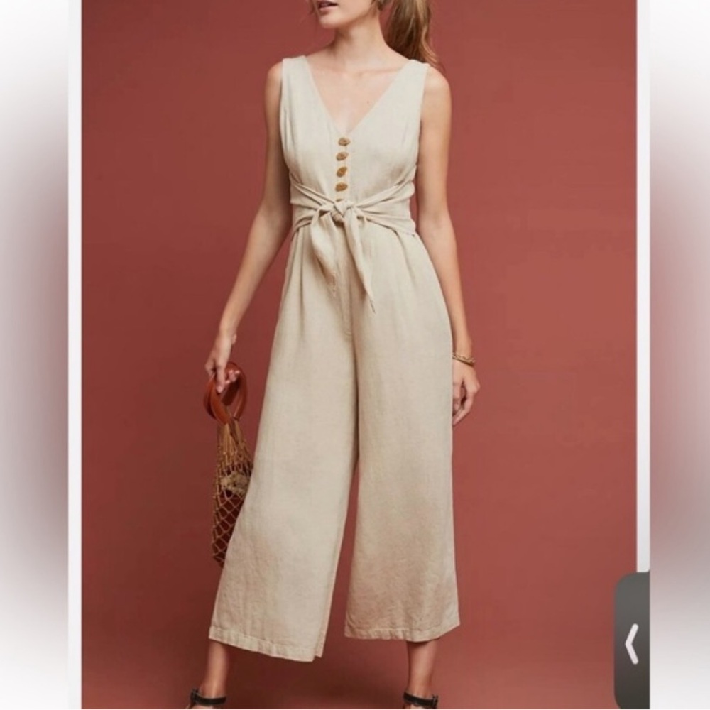 🆕 Anthropologie Maeve Getaway Linen Beige Tan Wide Leg Jumpsuit - 6